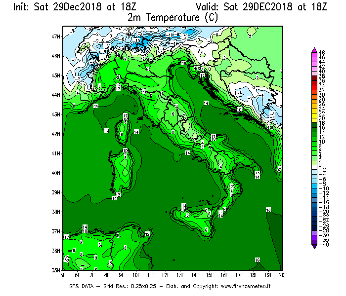 Mappa di analisi GFS - Temperatura a 2 metri dal suolo [°C] in Italia
									del 29/12/2018 18 <!--googleoff: index-->UTC<!--googleon: index-->