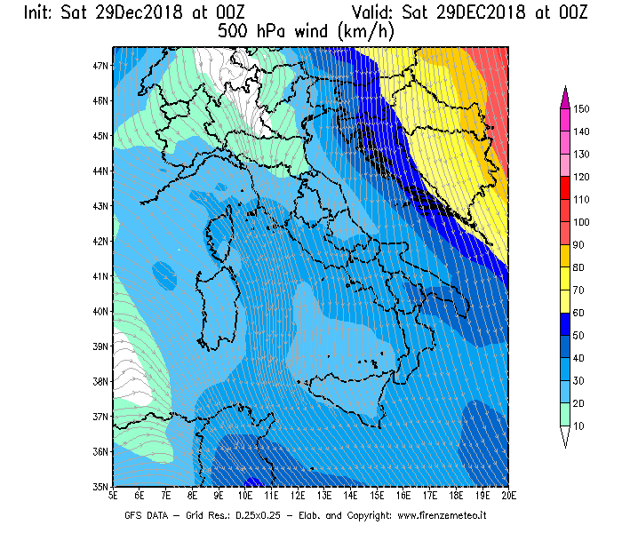 Mappa di analisi GFS - Velocità del vento a 500 hPa [km/h] in Italia
									del 29/12/2018 00 <!--googleoff: index-->UTC<!--googleon: index-->