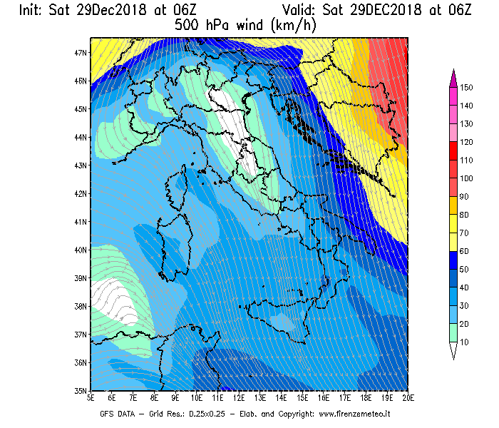 Mappa di analisi GFS - Velocità del vento a 500 hPa [km/h] in Italia
									del 29/12/2018 06 <!--googleoff: index-->UTC<!--googleon: index-->