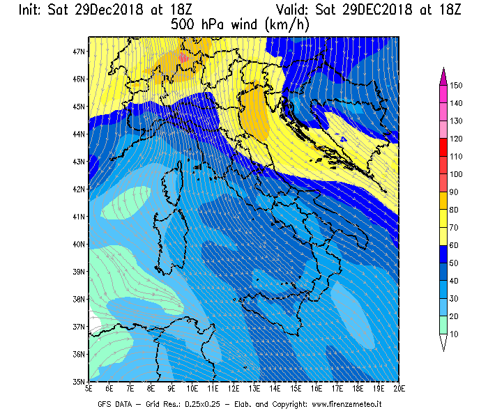 Mappa di analisi GFS - Velocità del vento a 500 hPa [km/h] in Italia
									del 29/12/2018 18 <!--googleoff: index-->UTC<!--googleon: index-->