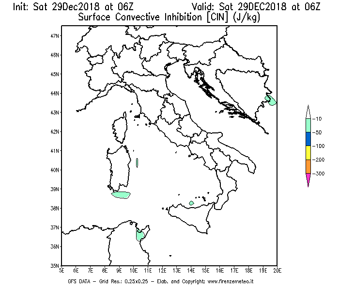 Mappa di analisi GFS - CIN [J/kg] in Italia
									del 29/12/2018 06 <!--googleoff: index-->UTC<!--googleon: index-->