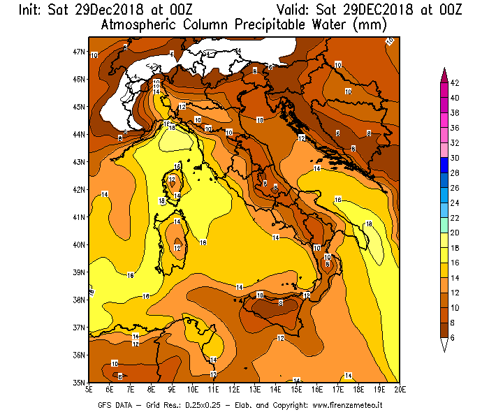 Mappa di analisi GFS - Precipitable Water [mm] in Italia
									del 29/12/2018 00 <!--googleoff: index-->UTC<!--googleon: index-->