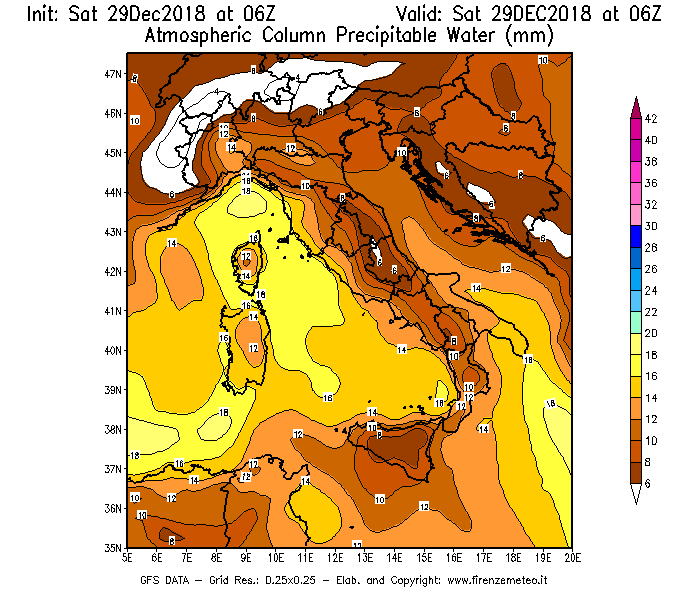 Mappa di analisi GFS - Precipitable Water [mm] in Italia
									del 29/12/2018 06 <!--googleoff: index-->UTC<!--googleon: index-->