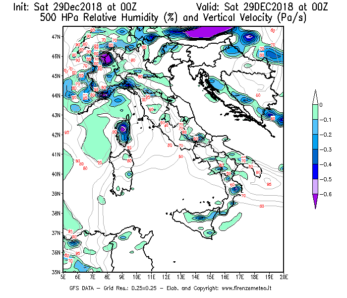 Mappa di analisi GFS - Umidità relativa [%] e Omega [Pa/s] a 500 hPa in Italia
									del 29/12/2018 00 <!--googleoff: index-->UTC<!--googleon: index-->