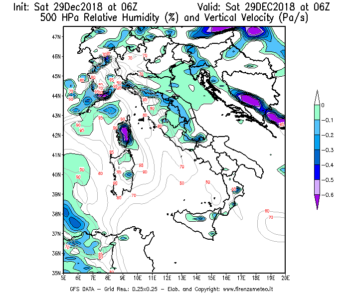 Mappa di analisi GFS - Umidità relativa [%] e Omega [Pa/s] a 500 hPa in Italia
									del 29/12/2018 06 <!--googleoff: index-->UTC<!--googleon: index-->