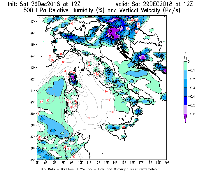 Mappa di analisi GFS - Umidità relativa [%] e Omega [Pa/s] a 500 hPa in Italia
									del 29/12/2018 12 <!--googleoff: index-->UTC<!--googleon: index-->