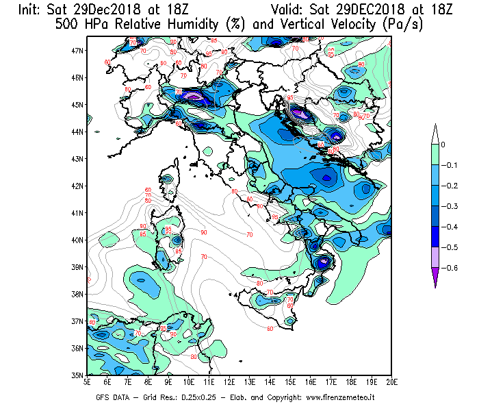 Mappa di analisi GFS - Umidità relativa [%] e Omega [Pa/s] a 500 hPa in Italia
									del 29/12/2018 18 <!--googleoff: index-->UTC<!--googleon: index-->