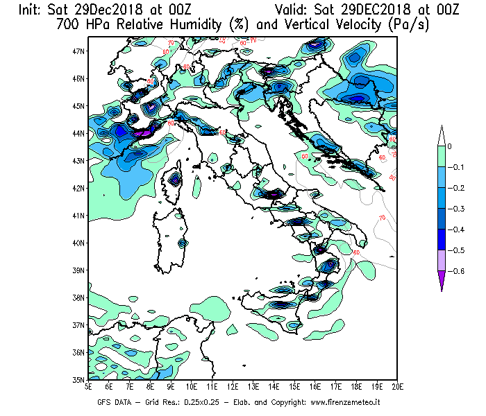 Mappa di analisi GFS - Umidità relativa [%] e Omega [Pa/s] a 700 hPa in Italia
									del 29/12/2018 00 <!--googleoff: index-->UTC<!--googleon: index-->