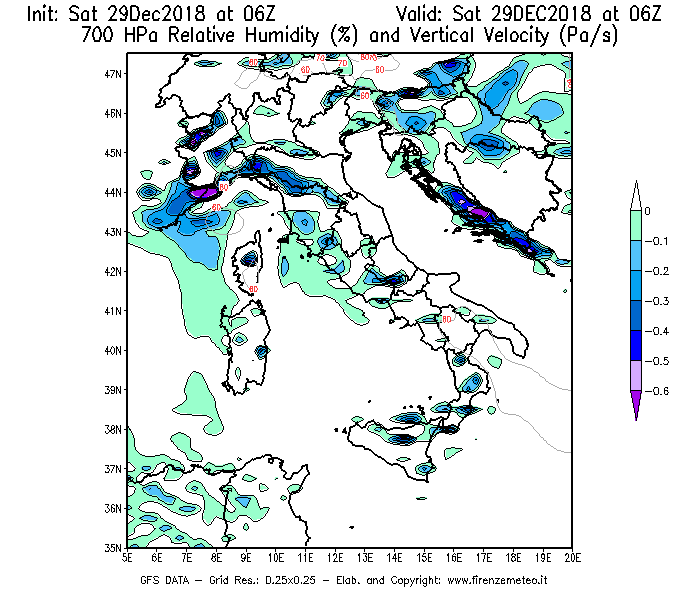 Mappa di analisi GFS - Umidità relativa [%] e Omega [Pa/s] a 700 hPa in Italia
									del 29/12/2018 06 <!--googleoff: index-->UTC<!--googleon: index-->