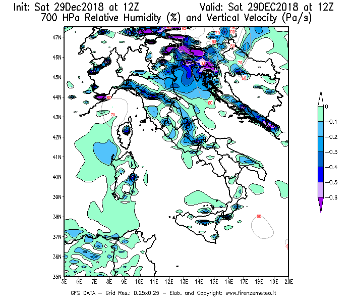 Mappa di analisi GFS - Umidità relativa [%] e Omega [Pa/s] a 700 hPa in Italia
									del 29/12/2018 12 <!--googleoff: index-->UTC<!--googleon: index-->