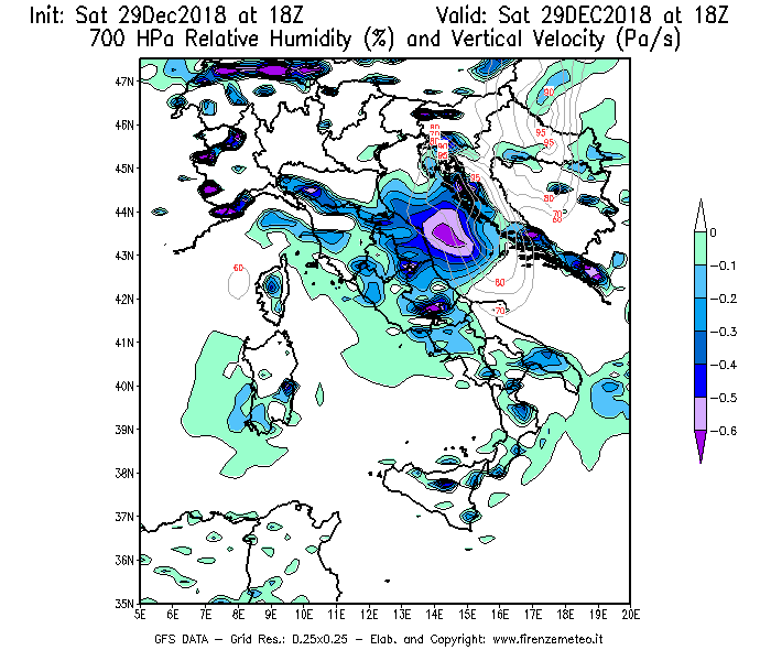 Mappa di analisi GFS - Umidità relativa [%] e Omega [Pa/s] a 700 hPa in Italia
									del 29/12/2018 18 <!--googleoff: index-->UTC<!--googleon: index-->