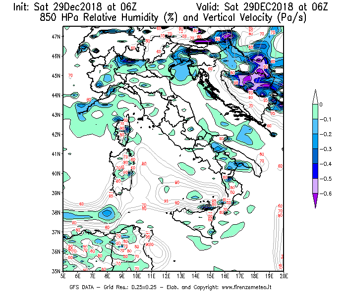 Mappa di analisi GFS - Umidità relativa [%] e Omega [Pa/s] a 850 hPa in Italia
									del 29/12/2018 06 <!--googleoff: index-->UTC<!--googleon: index-->