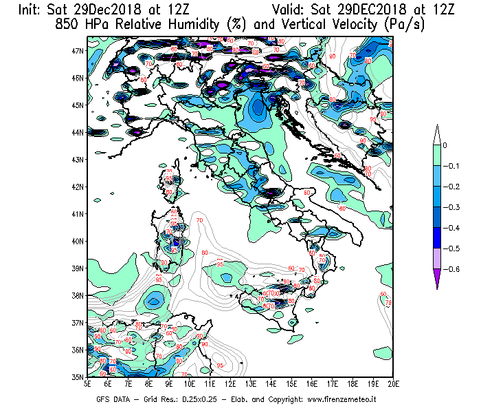 Mappa di analisi GFS - Umidità relativa [%] e Omega [Pa/s] a 850 hPa in Italia
									del 29/12/2018 12 <!--googleoff: index-->UTC<!--googleon: index-->