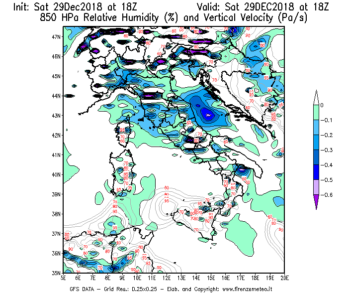 Mappa di analisi GFS - Umidità relativa [%] e Omega [Pa/s] a 850 hPa in Italia
									del 29/12/2018 18 <!--googleoff: index-->UTC<!--googleon: index-->