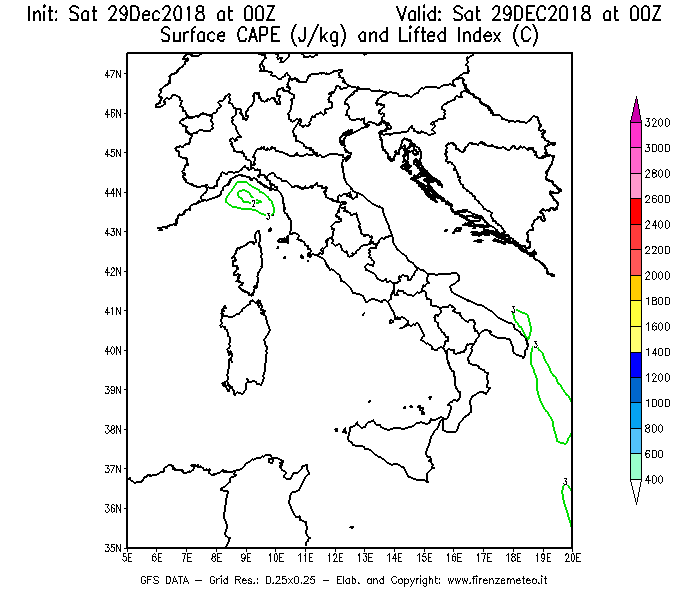 Mappa di analisi GFS - CAPE [J/kg] e Lifted Index [°C] in Italia
									del 29/12/2018 00 <!--googleoff: index-->UTC<!--googleon: index-->