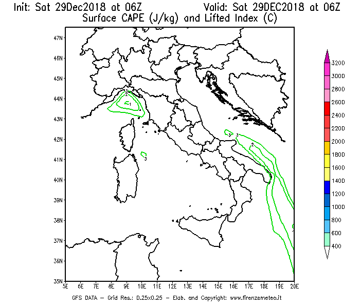 Mappa di analisi GFS - CAPE [J/kg] e Lifted Index [°C] in Italia
									del 29/12/2018 06 <!--googleoff: index-->UTC<!--googleon: index-->