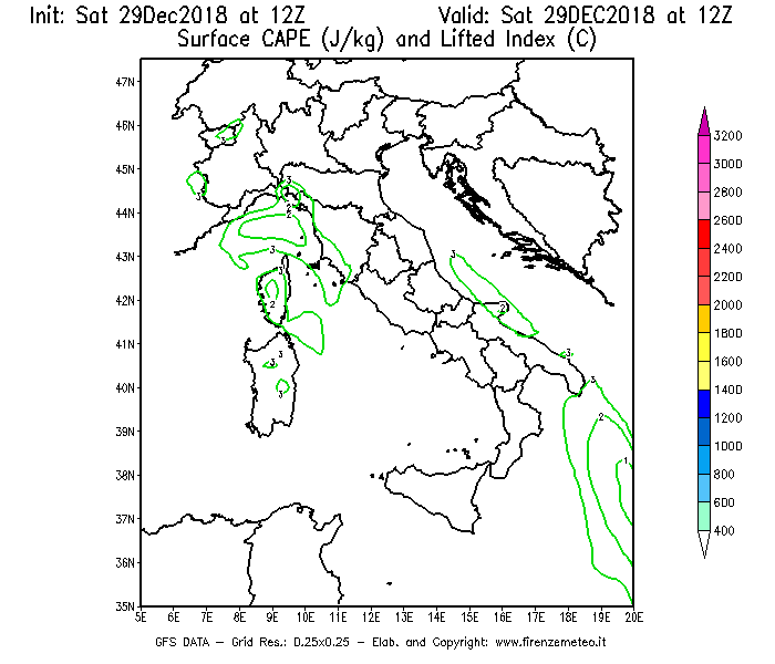 Mappa di analisi GFS - CAPE [J/kg] e Lifted Index [°C] in Italia
									del 29/12/2018 12 <!--googleoff: index-->UTC<!--googleon: index-->
