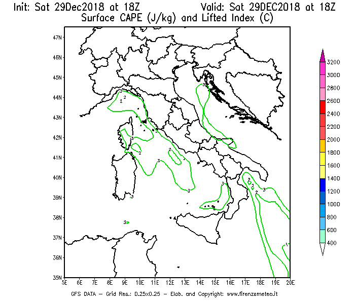 Mappa di analisi GFS - CAPE [J/kg] e Lifted Index [°C] in Italia
									del 29/12/2018 18 <!--googleoff: index-->UTC<!--googleon: index-->