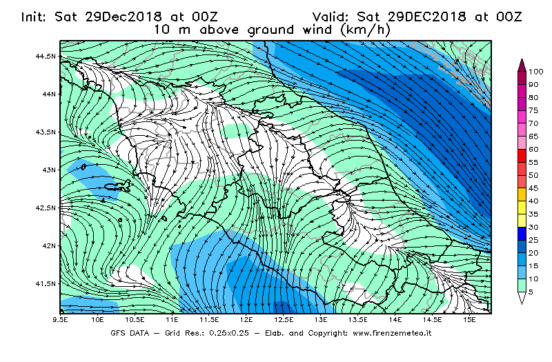 Mappa di analisi GFS - Velocità del vento a 10 metri dal suolo [km/h] in Centro-Italia
									del 29/12/2018 00 <!--googleoff: index-->UTC<!--googleon: index-->