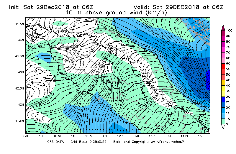Mappa di analisi GFS - Velocità del vento a 10 metri dal suolo [km/h] in Centro-Italia
									del 29/12/2018 06 <!--googleoff: index-->UTC<!--googleon: index-->