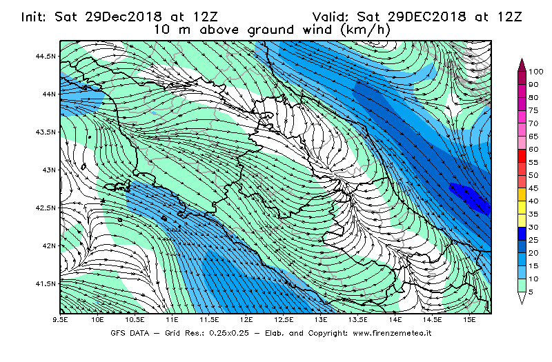 Mappa di analisi GFS - Velocità del vento a 10 metri dal suolo [km/h] in Centro-Italia
									del 29/12/2018 12 <!--googleoff: index-->UTC<!--googleon: index-->