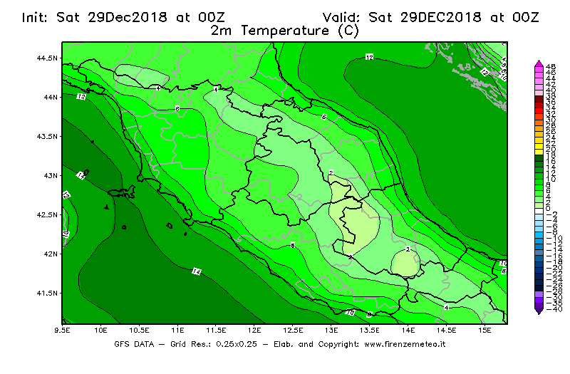 Mappa di analisi GFS - Temperatura a 2 metri dal suolo [°C] in Centro-Italia
									del 29/12/2018 00 <!--googleoff: index-->UTC<!--googleon: index-->