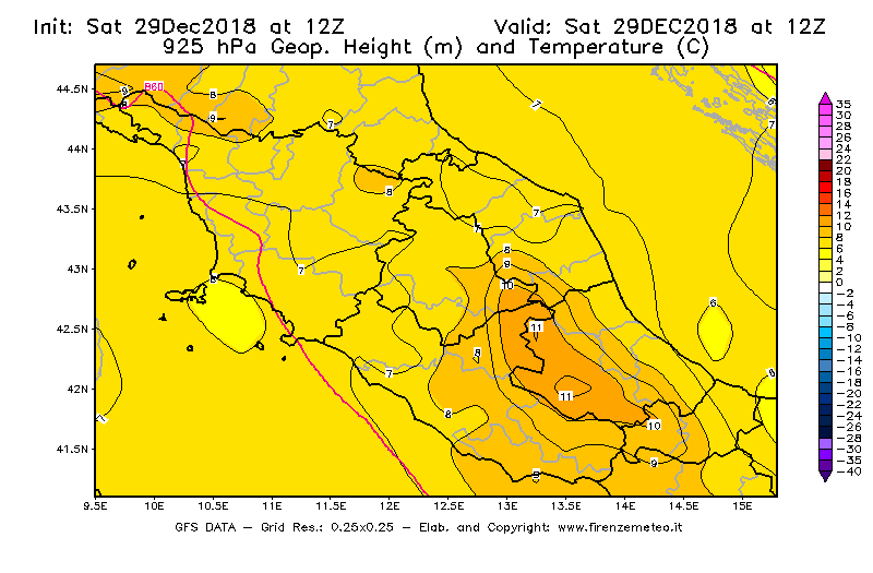 Mappa di analisi GFS - Geopotenziale [m] e Temperatura [°C] a 925 hPa in Centro-Italia
									del 29/12/2018 12 <!--googleoff: index-->UTC<!--googleon: index-->