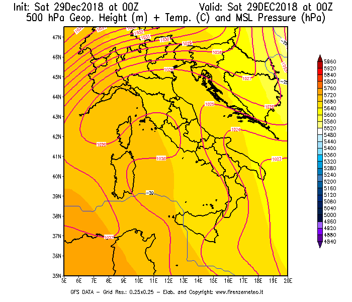 Mappa di analisi GFS - Geopotenziale [m] + Temp. [°C] a 500 hPa + Press. a livello del mare [hPa] in Italia
									del 29/12/2018 00 <!--googleoff: index-->UTC<!--googleon: index-->