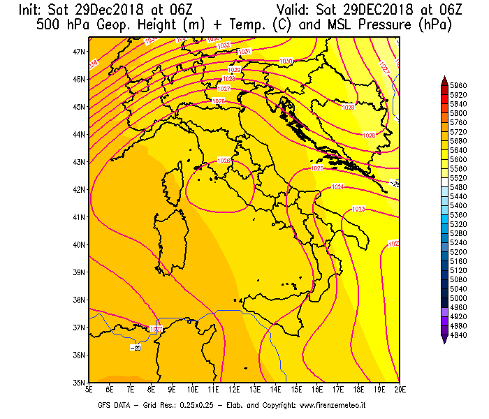 Mappa di analisi GFS - Geopotenziale [m] + Temp. [°C] a 500 hPa + Press. a livello del mare [hPa] in Italia
									del 29/12/2018 06 <!--googleoff: index-->UTC<!--googleon: index-->