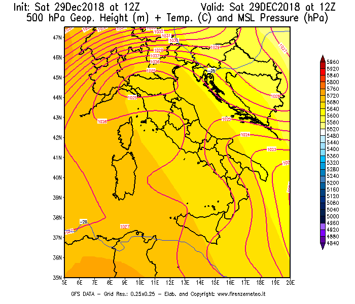 Mappa di analisi GFS - Geopotenziale [m] + Temp. [°C] a 500 hPa + Press. a livello del mare [hPa] in Italia
									del 29/12/2018 12 <!--googleoff: index-->UTC<!--googleon: index-->
