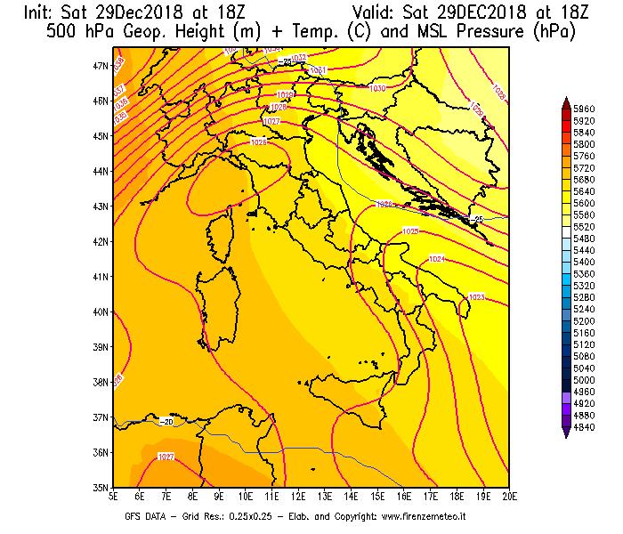 Mappa di analisi GFS - Geopotenziale [m] + Temp. [°C] a 500 hPa + Press. a livello del mare [hPa] in Italia
									del 29/12/2018 18 <!--googleoff: index-->UTC<!--googleon: index-->