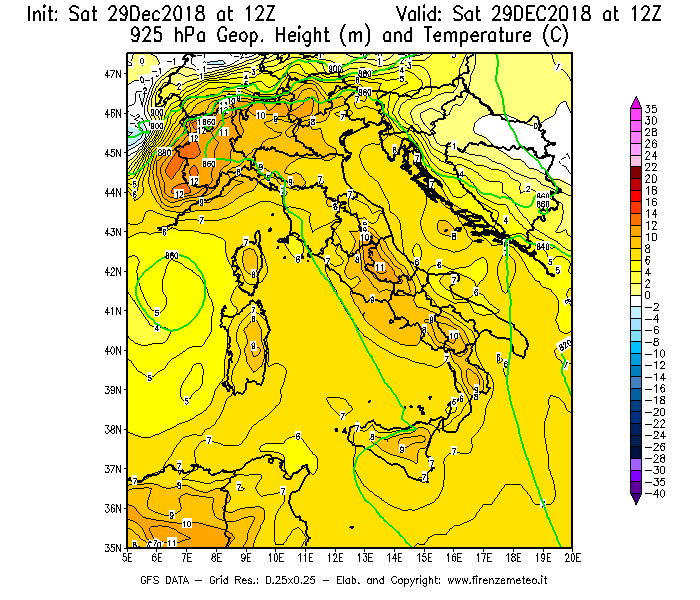 Mappa di analisi GFS - Geopotenziale [m] e Temperatura [°C] a 925 hPa in Italia
									del 29/12/2018 12 <!--googleoff: index-->UTC<!--googleon: index-->