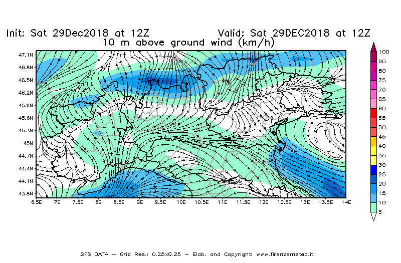Mappa di analisi GFS - Velocità del vento a 10 metri dal suolo [km/h] in Nord-Italia
									del 29/12/2018 12 <!--googleoff: index-->UTC<!--googleon: index-->