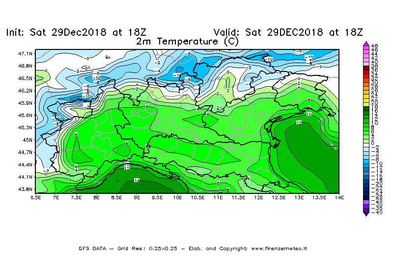 Mappa di analisi GFS - Temperatura a 2 metri dal suolo [°C] in Nord-Italia
									del 29/12/2018 18 <!--googleoff: index-->UTC<!--googleon: index-->