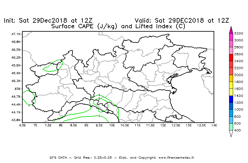 Mappa di analisi GFS - CAPE [J/kg] e Lifted Index [°C] in Nord-Italia
									del 29/12/2018 12 <!--googleoff: index-->UTC<!--googleon: index-->