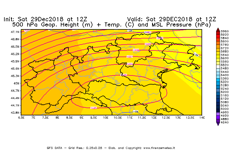 Mappa di analisi GFS - Geopotenziale [m] + Temp. [°C] a 500 hPa + Press. a livello del mare [hPa] in Nord-Italia
									del 29/12/2018 12 <!--googleoff: index-->UTC<!--googleon: index-->