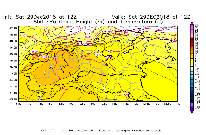 Mappa di analisi GFS - Geopotenziale [m] e Temperatura [°C] a 850 hPa in Nord-Italia
									del 29/12/2018 12 <!--googleoff: index-->UTC<!--googleon: index-->