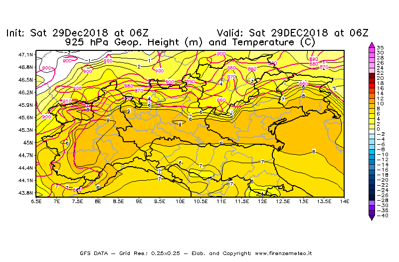 Mappa di analisi GFS - Geopotenziale [m] e Temperatura [°C] a 925 hPa in Nord-Italia
									del 29/12/2018 06 <!--googleoff: index-->UTC<!--googleon: index-->