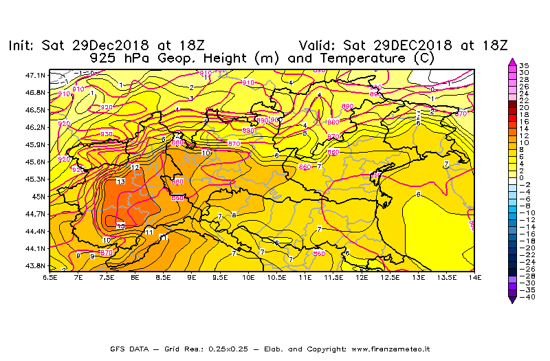 Mappa di analisi GFS - Geopotenziale [m] e Temperatura [°C] a 925 hPa in Nord-Italia
									del 29/12/2018 18 <!--googleoff: index-->UTC<!--googleon: index-->