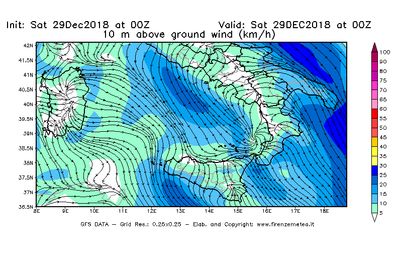 Mappa di analisi GFS - Velocità del vento a 10 metri dal suolo [km/h] in Sud-Italia
									del 29/12/2018 00 <!--googleoff: index-->UTC<!--googleon: index-->