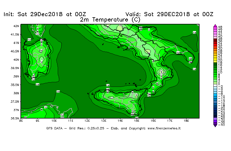 Mappa di analisi GFS - Temperatura a 2 metri dal suolo [°C] in Sud-Italia
									del 29/12/2018 00 <!--googleoff: index-->UTC<!--googleon: index-->