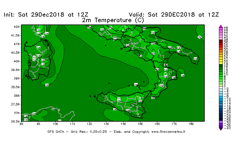 Mappa di analisi GFS - Temperatura a 2 metri dal suolo [°C] in Sud-Italia
									del 29/12/2018 12 <!--googleoff: index-->UTC<!--googleon: index-->