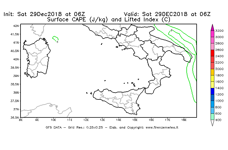 Mappa di analisi GFS - CAPE [J/kg] e Lifted Index [°C] in Sud-Italia
									del 29/12/2018 06 <!--googleoff: index-->UTC<!--googleon: index-->