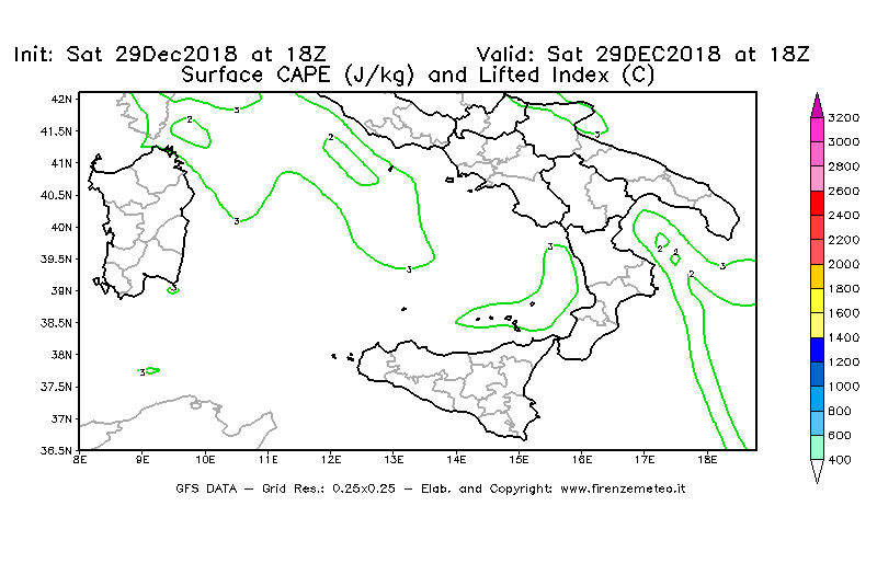 Mappa di analisi GFS - CAPE [J/kg] e Lifted Index [°C] in Sud-Italia
									del 29/12/2018 18 <!--googleoff: index-->UTC<!--googleon: index-->