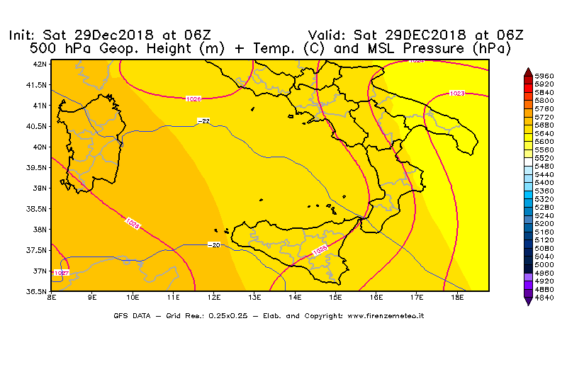 Mappa di analisi GFS - Geopotenziale [m] + Temp. [°C] a 500 hPa + Press. a livello del mare [hPa] in Sud-Italia
									del 29/12/2018 06 <!--googleoff: index-->UTC<!--googleon: index-->