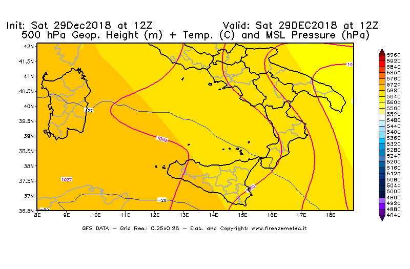 Mappa di analisi GFS - Geopotenziale [m] + Temp. [°C] a 500 hPa + Press. a livello del mare [hPa] in Sud-Italia
									del 29/12/2018 12 <!--googleoff: index-->UTC<!--googleon: index-->