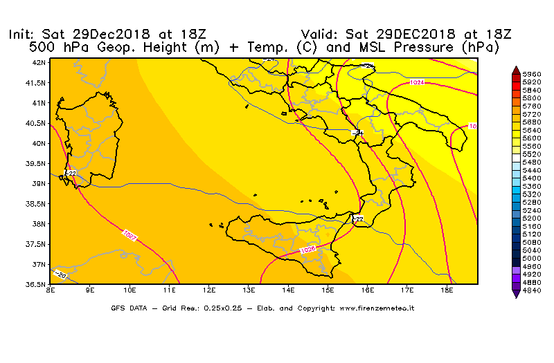 Mappa di analisi GFS - Geopotenziale [m] + Temp. [°C] a 500 hPa + Press. a livello del mare [hPa] in Sud-Italia
									del 29/12/2018 18 <!--googleoff: index-->UTC<!--googleon: index-->