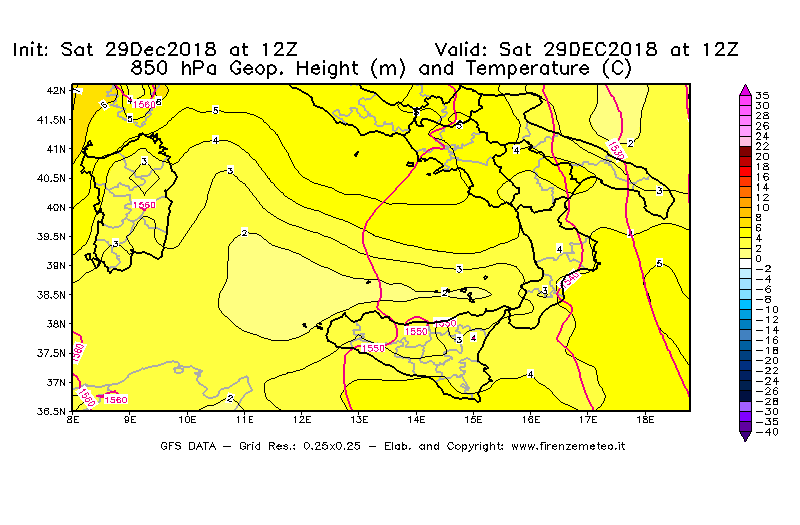 Mappa di analisi GFS - Geopotenziale [m] e Temperatura [°C] a 850 hPa in Sud-Italia
									del 29/12/2018 12 <!--googleoff: index-->UTC<!--googleon: index-->