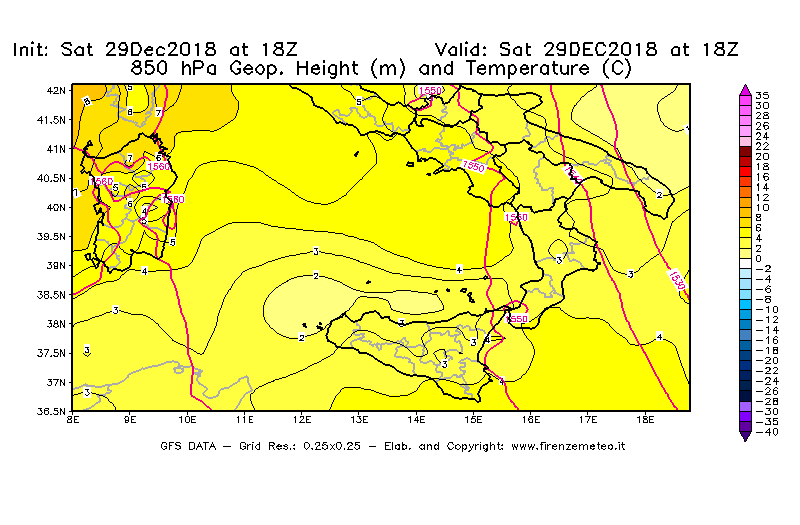 Mappa di analisi GFS - Geopotenziale [m] e Temperatura [°C] a 850 hPa in Sud-Italia
									del 29/12/2018 18 <!--googleoff: index-->UTC<!--googleon: index-->