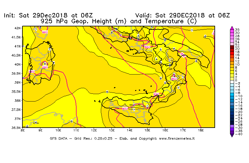 Mappa di analisi GFS - Geopotenziale [m] e Temperatura [°C] a 925 hPa in Sud-Italia
									del 29/12/2018 06 <!--googleoff: index-->UTC<!--googleon: index-->